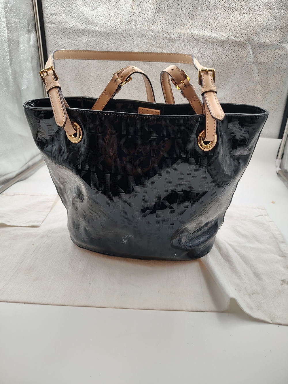 MK Black Patent Tote with Tan Handles